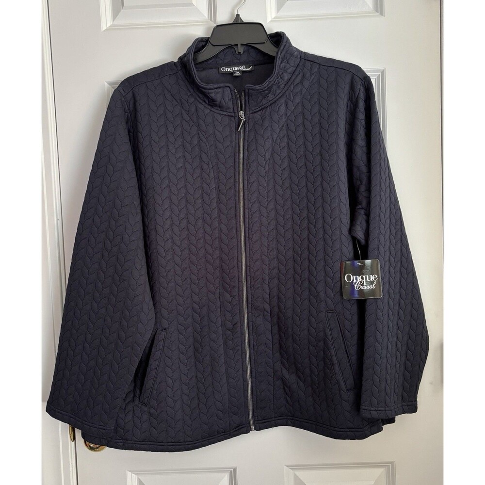 ONQUE CASUAL WOMENS JACKET JACQUARD NAVY COLLARED FULL ZIP POCKETS